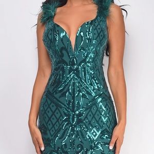 Nehir Green Sequin Pattern Feather Detail Mini Dress